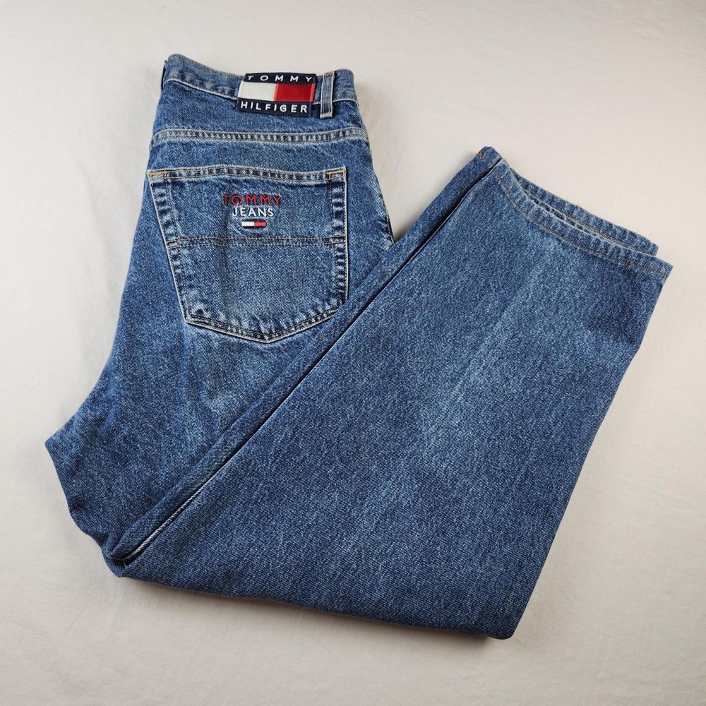 Tommy Hilfiger Jeans Mens 34x30 Hemmed to 34x27 Blue Vintage Y2K Baggy Straight